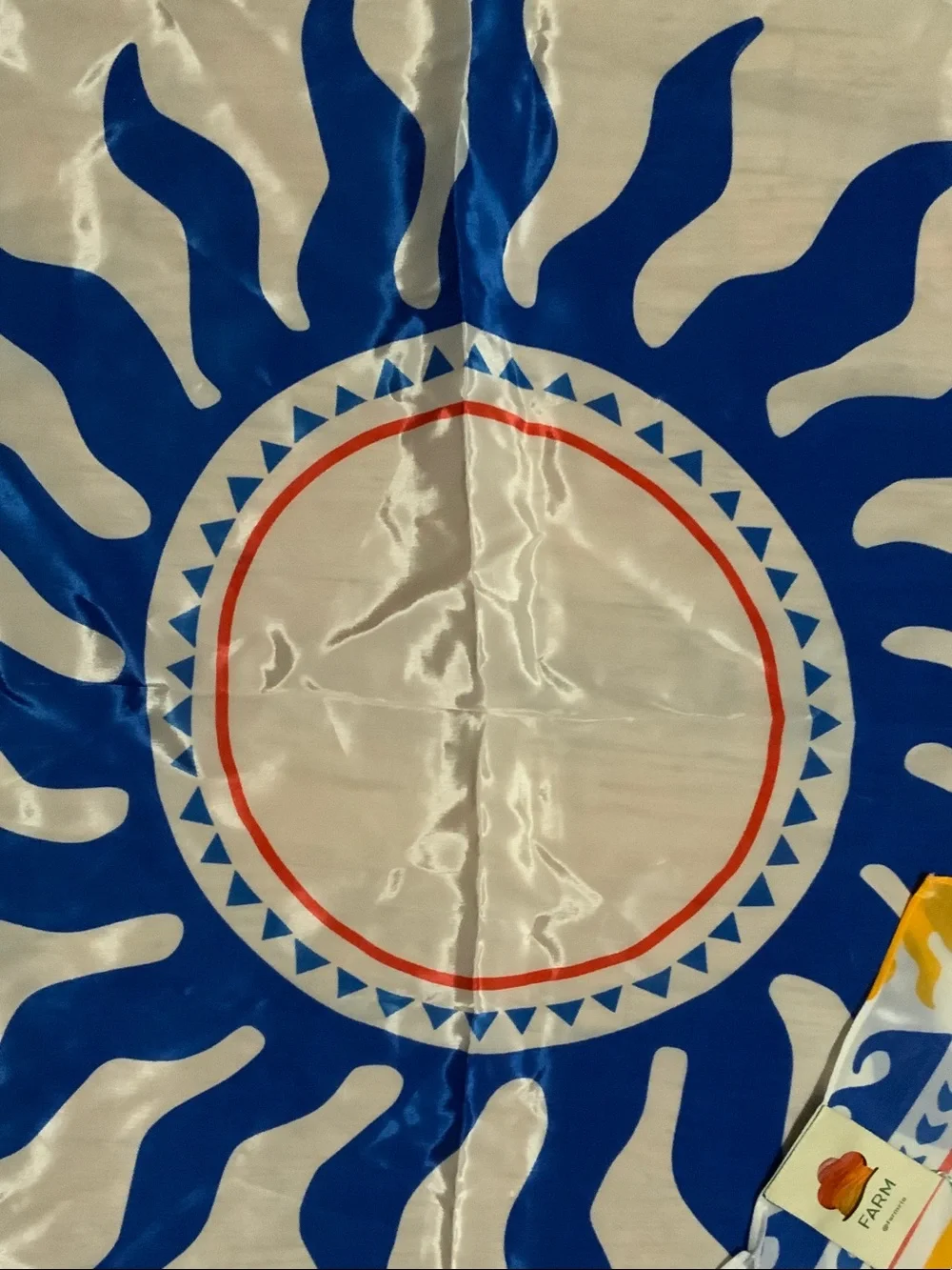 FARM Rio White, Blue & Yellow Sun Motif Silk-Look Scarf - 32 x 32 inches